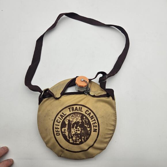 Vintage Official Trail Canteen Canvas Water Bottle Strap Tan Hiking Camping - Picture 1 of 6